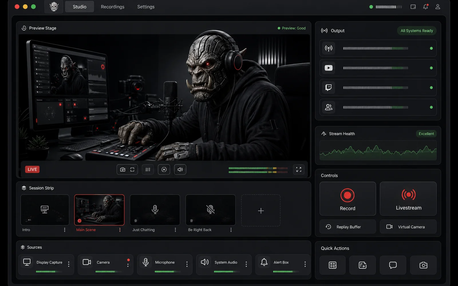 Videorc Studio showing the live preview, output status, and stream health while streaming.